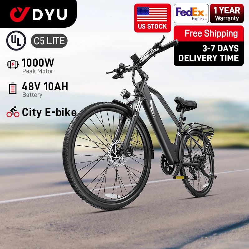 【1 Year Warranty】DYU C5 Electric Bicycle Peak 1000W Motor 480WH Lithium Battery Electric Bike 26 Inch city E bike，UL2849