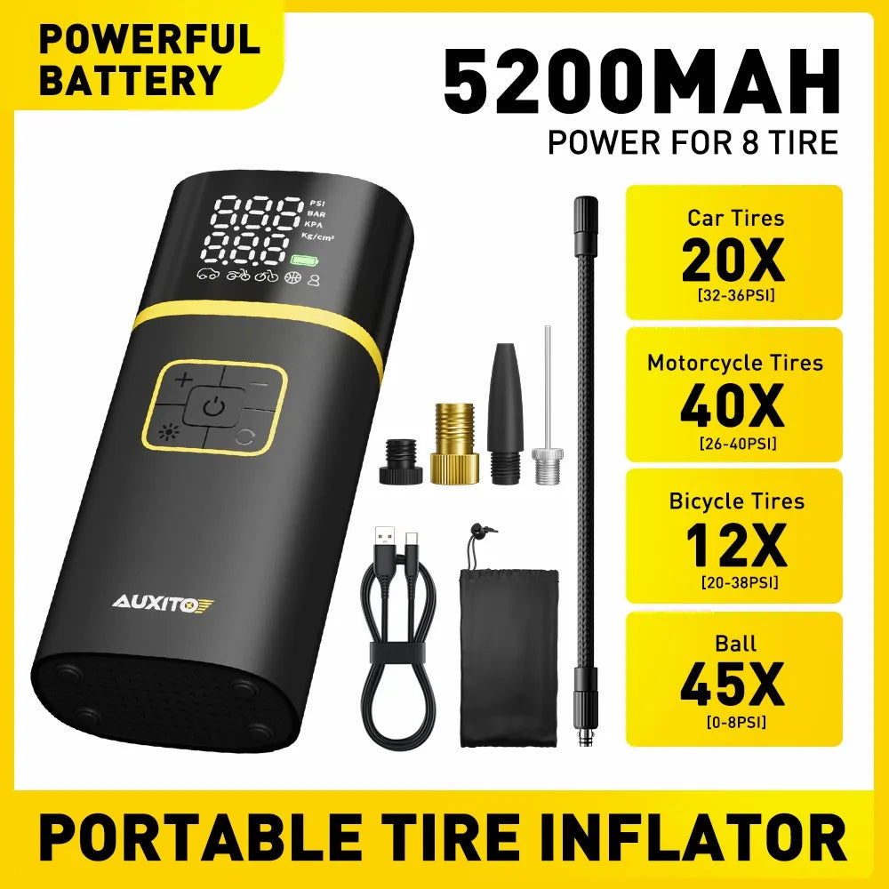 AUXITO Rechargeable Air Pump Tire Inflator Portable Compressor Digital Cordless Car Tyre Inflator For Motocycle Bicycle Balls