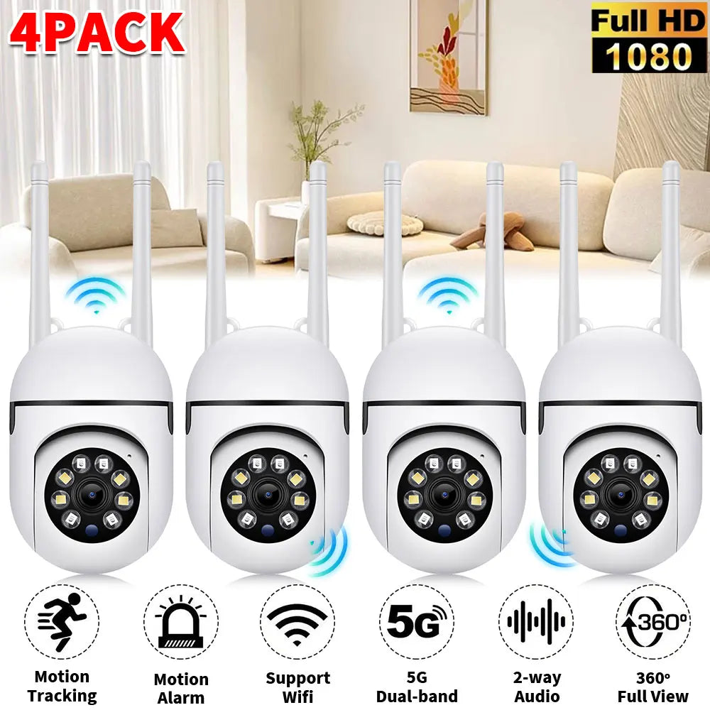 4pcs Ultra HD 1080P Wireless Security Cameras with Motion Tracking, Dual-Band WiFi & 5G, 360° View - Indoor/Outdoor Home Surveil
