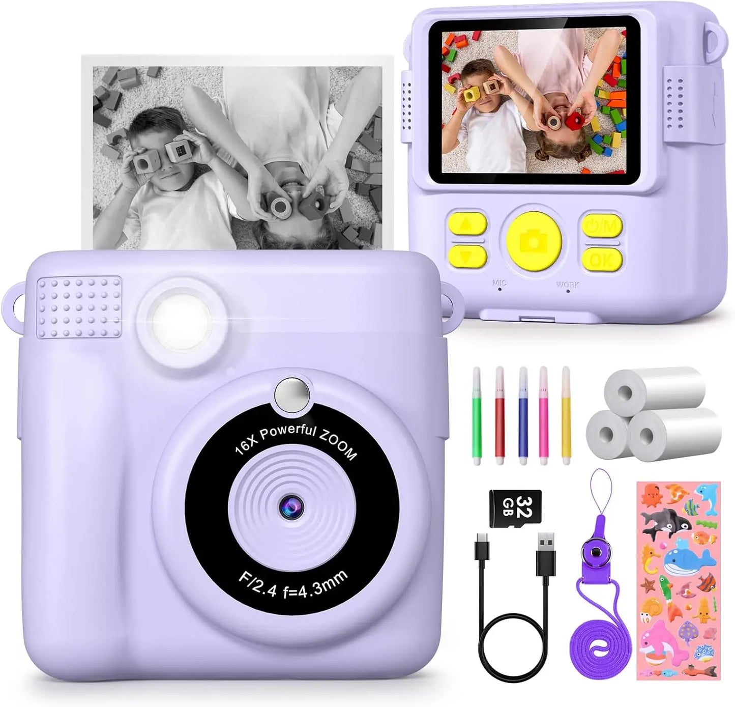 Kids Digital Camera 1080P HD Instant Print Camera Portable Camera Toy with 32GB Card Gift For Boys Girls 3-12