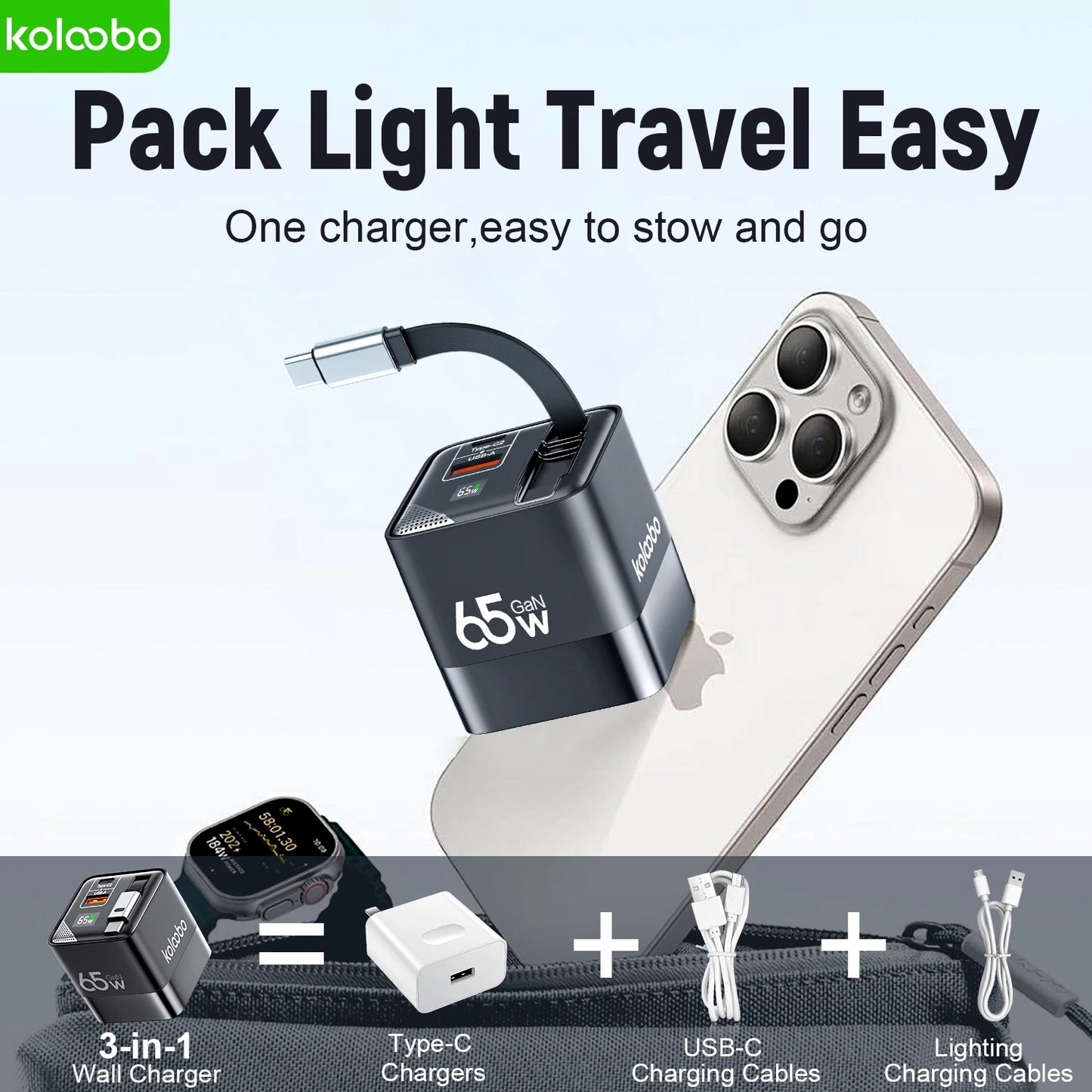 65W GaN Fast Charger Three-Port Charging Head Built-in 80cm Retractable TypeC Cable for iPhone16 15 14 13 Promax Xiaomi Samsung