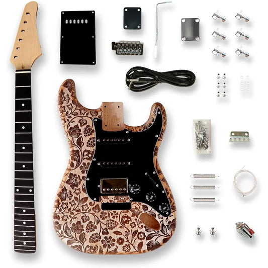 DIY ST Style Electric Guitar Kits with Engraved Surface in Natural Color Mahogany Body Maple Neck and Composite Ebony Fingerboa