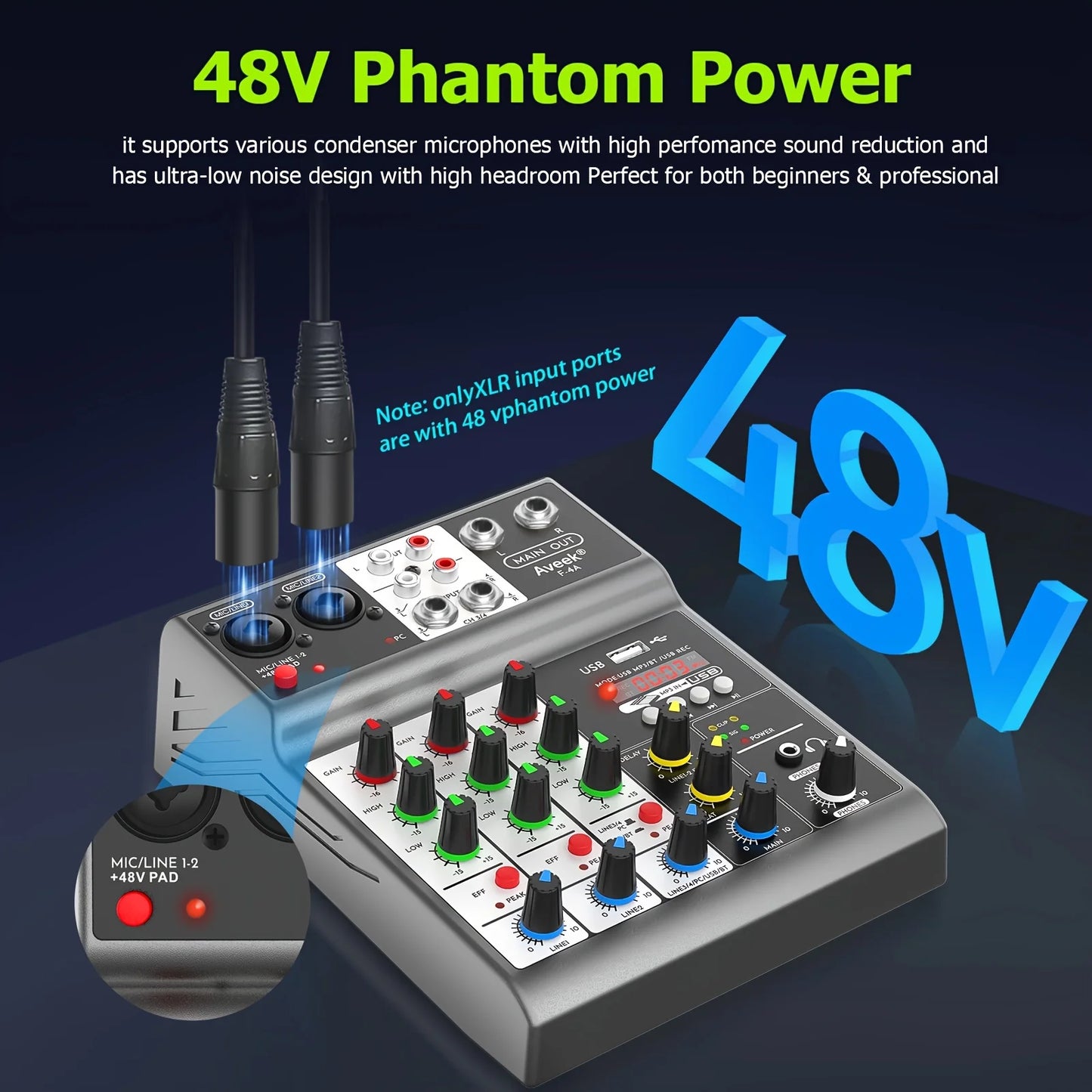 Aveek Professional Audio Mixer,Sound Board Mixing Console with 4Channel Digital USB Bluetooth Echo Delay Effect,Input 48V Stereo