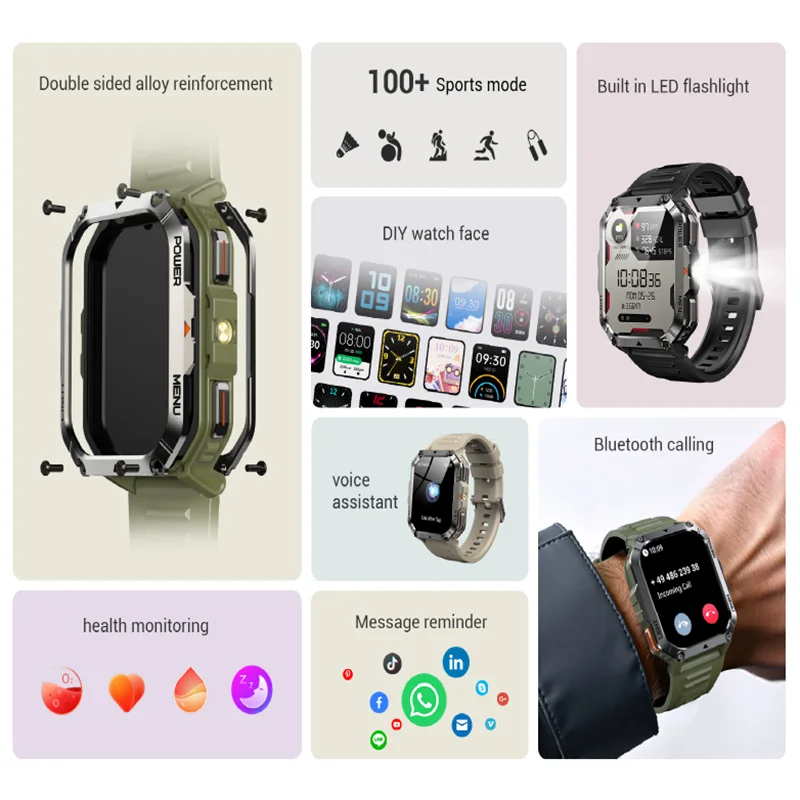 IOWODO 2025 New Outdoor Men's Smartwatch with Emergency Lighting Compass 900mAh W70 Pro 2.01'' TFT HD Screen Waterproof Watch