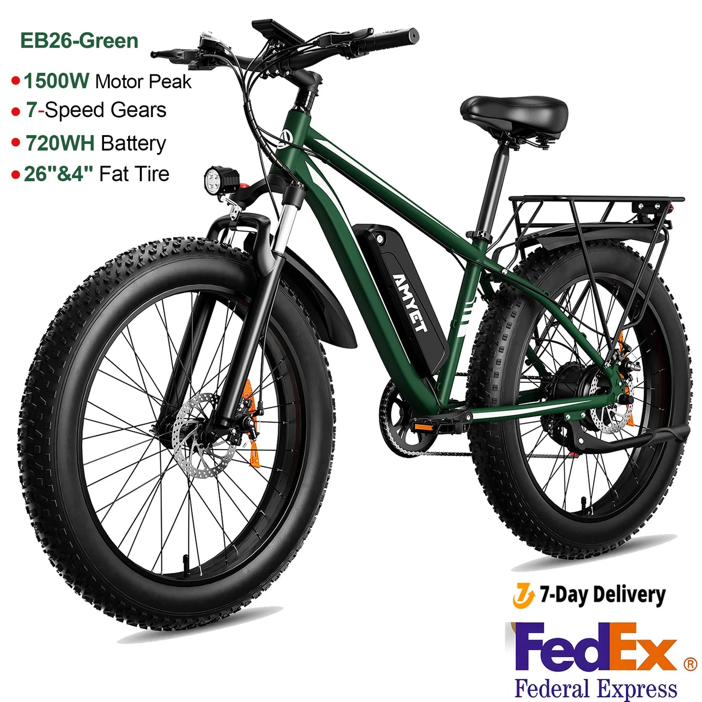 AMYET Electric Bike EB26 Blue Adults Electric Bicycle 28mph Peak 1500W 720WH Ebike 26" Fat Tire Mountain Bike Electric Dirt Bike