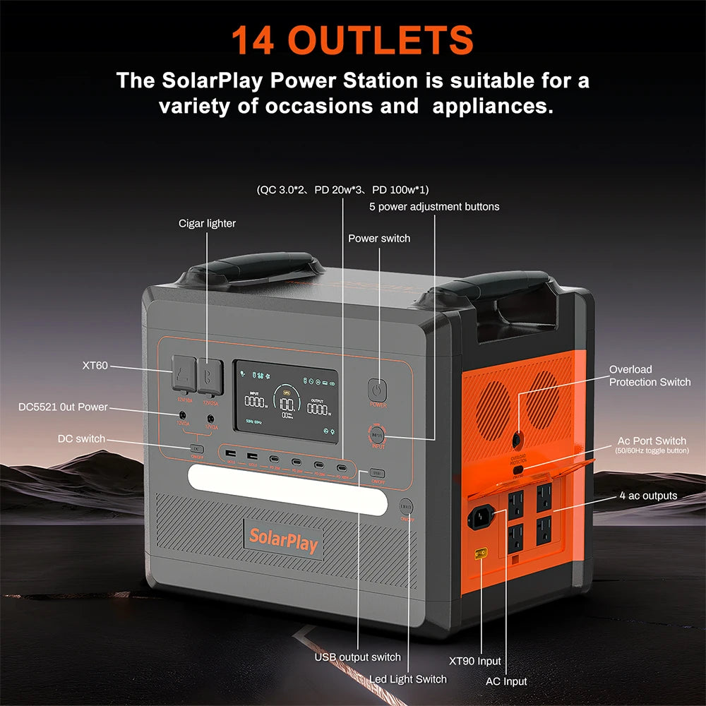 SOLARPLAY Portable Power Station 2500W/2300Wh Solar Generator with 4 AC Outlets (4800W Peak) Large Capacity Emergency Power