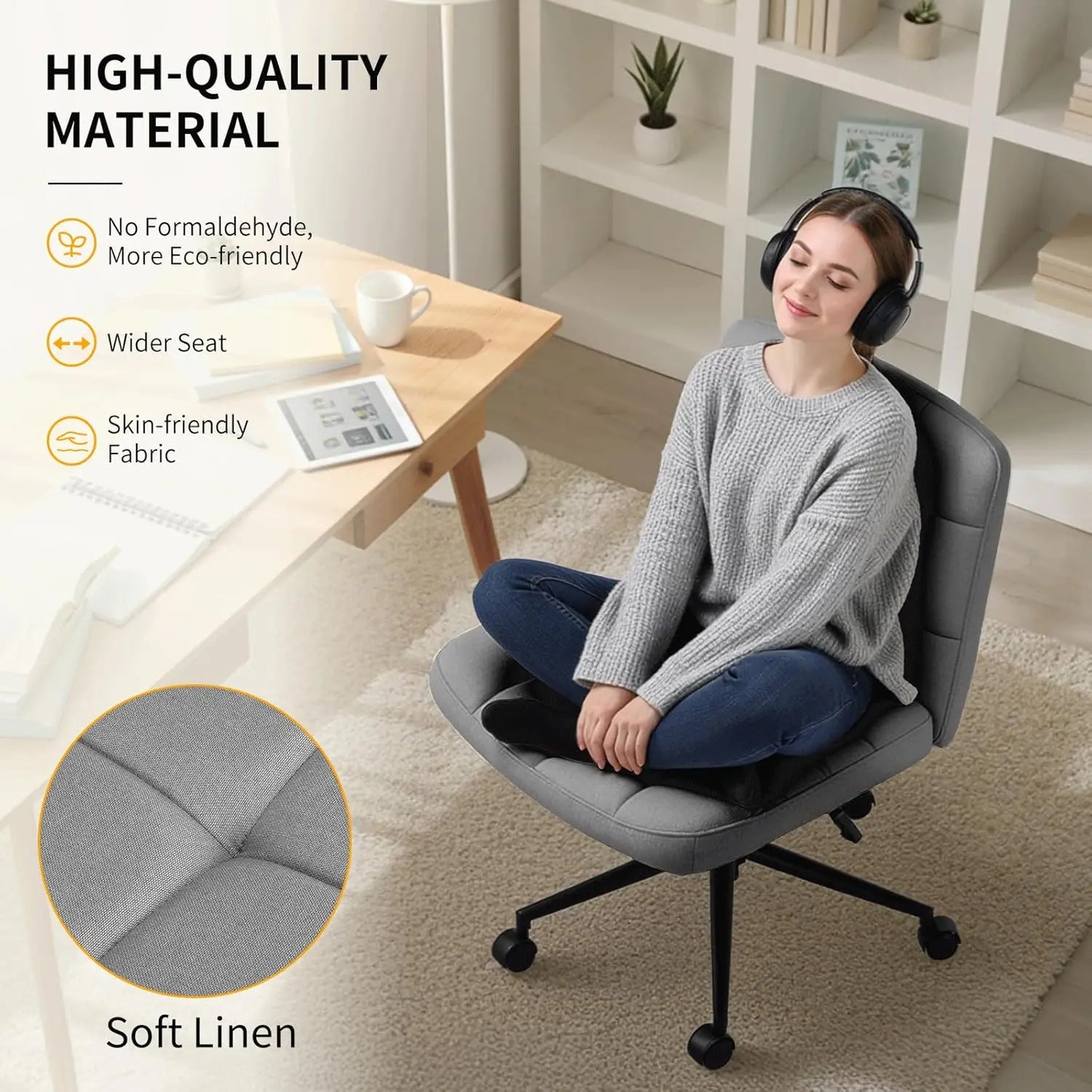 Criss Cross Legged Chair,Wide Comfy Office Desk Chair,Dual-Use with Wheels Computer Task Chair,Swivel Armless Vanity Rolling