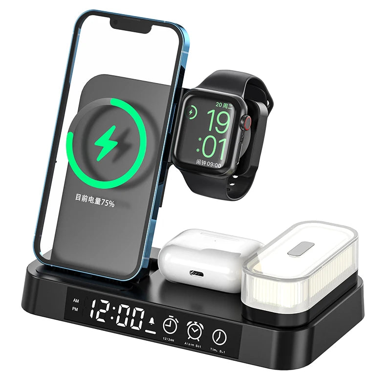 Multi-Function White Wireless Charging Dock with Time Display Alarm Clock And Nightlight Wireless Charger for Samsung Phones