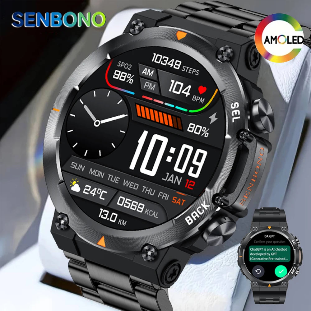 SENBONO MAX18 Smart Watch for Men AMOLED Screen AI GPT Bluetooth Call 410mAh Big Battery Fitness Tracker Men' Sport Smartwatch