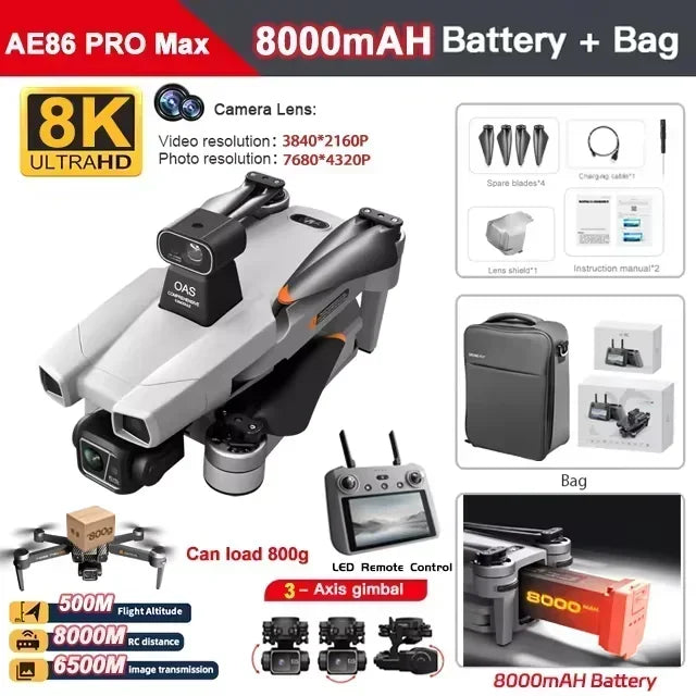 AE86 PRO Max Profesional Drone with 8K HD Camera 3-axis gimbal Aerial Photography Obstacle Avoidance FPV GPS Dron RC Quadcopter