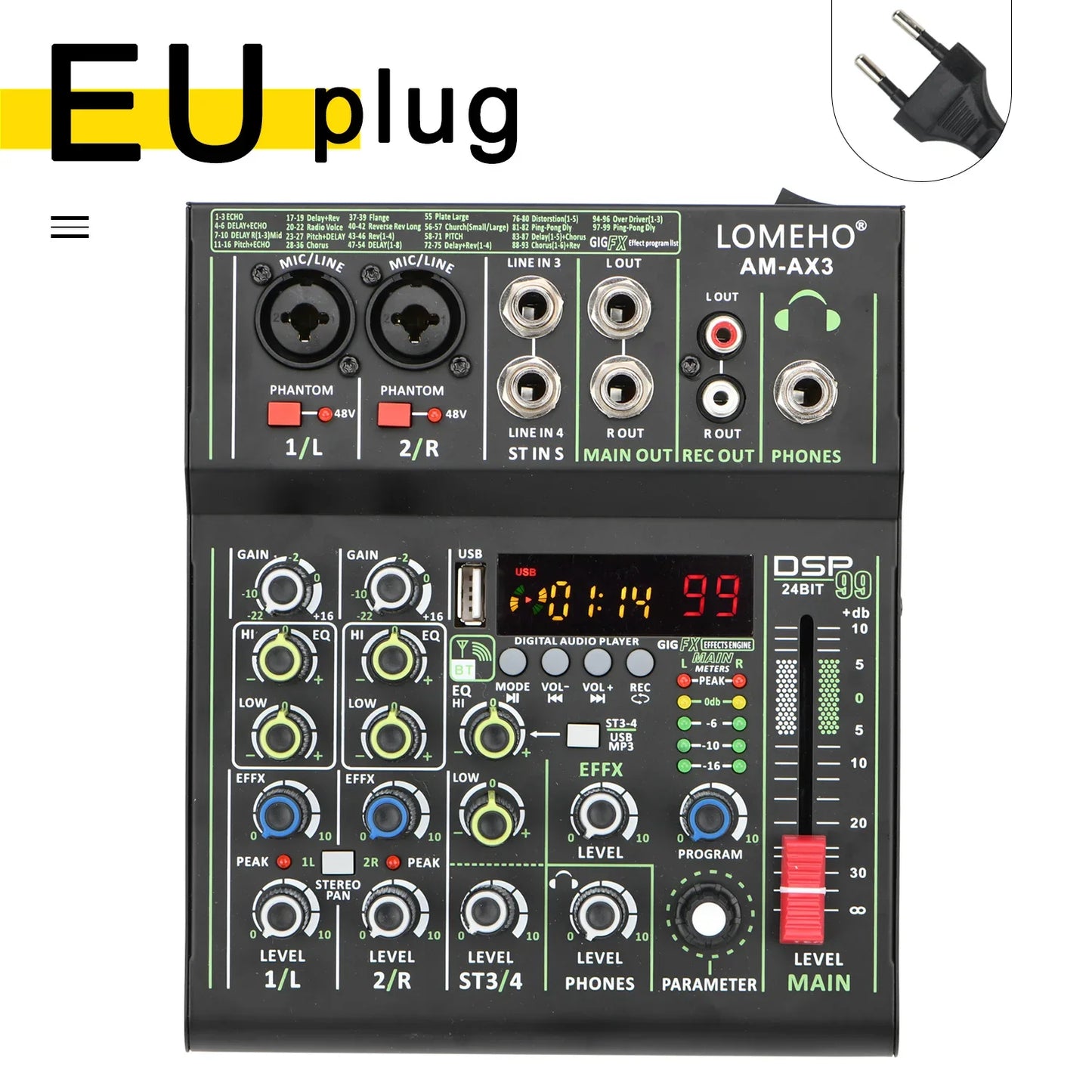 Lomeho 4 Channels Sound Mixer 48V 99 Digital Effect Portable Audio Table Bluetooth USB PC Record Mixing Console Church AM-AX3