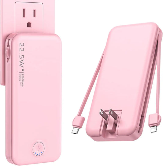 （Pink）Portable 12000mAh AC Wall Charger Power Bank with Built-in Cables,USB-C Fast Charging,Ultra-Slim Design,Travel Essential