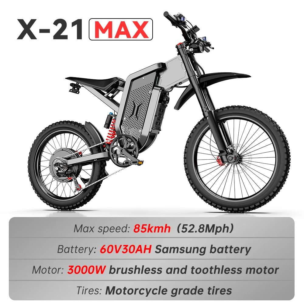 EKX X21 Max Electric Motorcycles 3000W Brushless Gearless Motors 60V30AH Lithium Battery Speed 85Kmh Adult Off Road Ebike