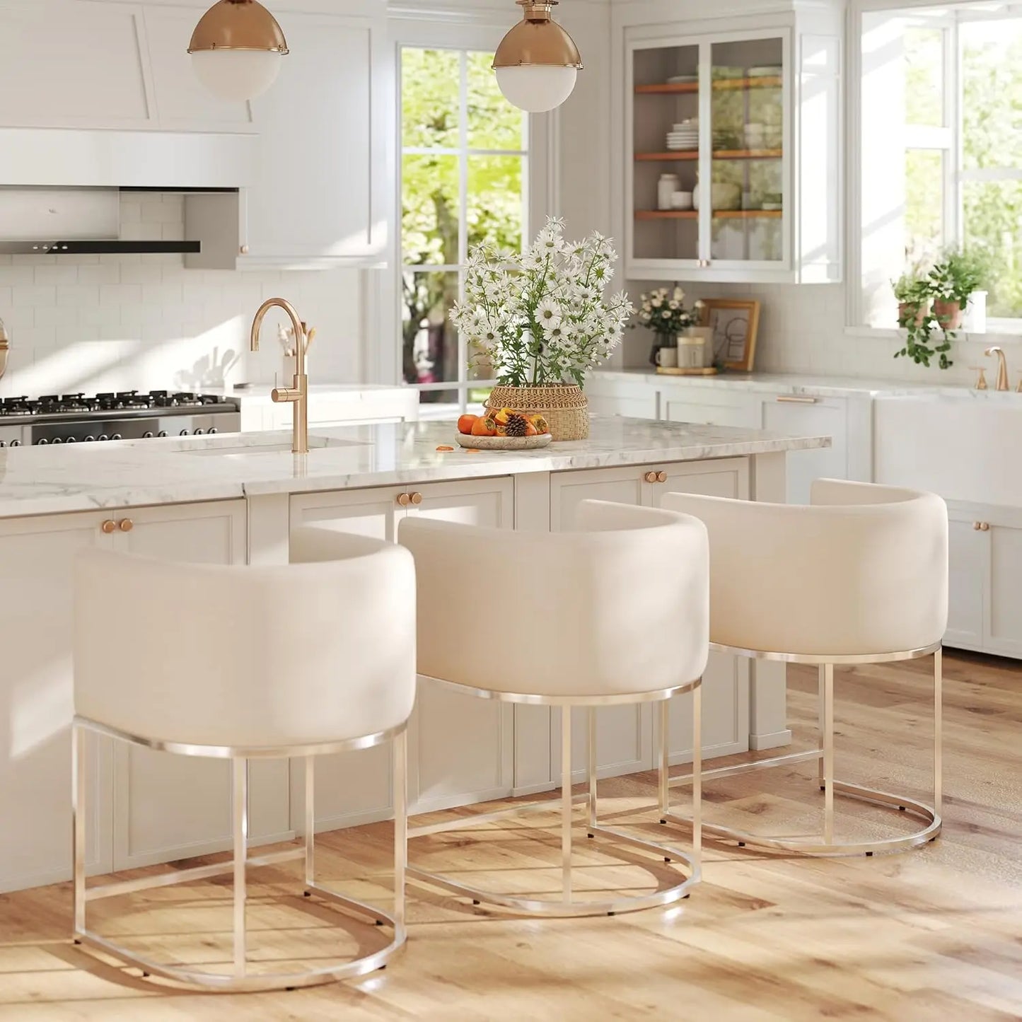 Modern Counter Height Linen Fabric Upholstered Counter Stools Set of 3, 24 Inch Kitchen Island Stool with Black, Customized