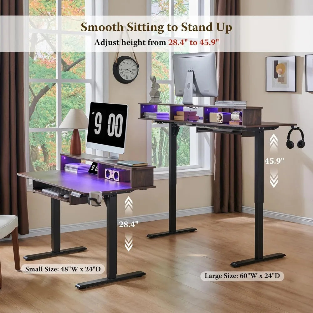 48Inch Gaming Desk, Electric Standing Desk with Height Adjustable, Power Outlets, LED Lights, Keyboard Tray, and Monitor Shelf,