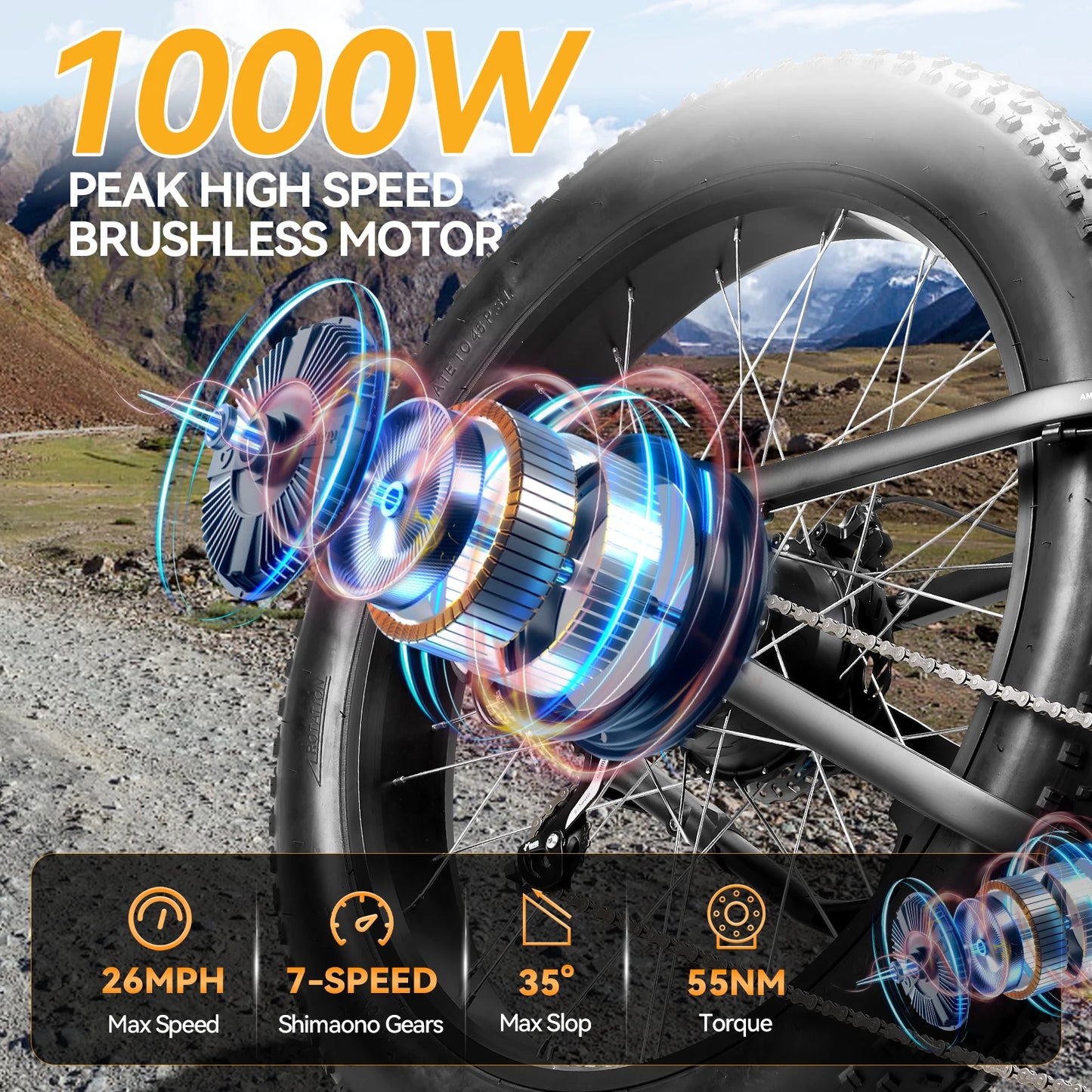 【1 Year Warranty】ZNH Electric Bicycle for Adults,1000W,48V 13Ah Battery, 26MPH Electric Bike, 26*4 Inch Fat Tire E-bike,UL 2849