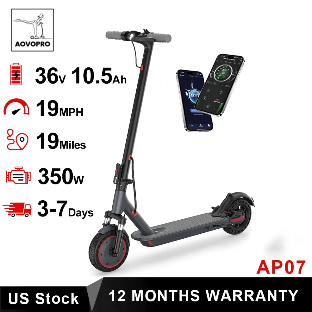 AOVOPRO AP07 Electric Scooter 10.5Ah 19mph APP Smart Control Scooter 8.5inch 16miles Max Range Double shock absorption for Adult
