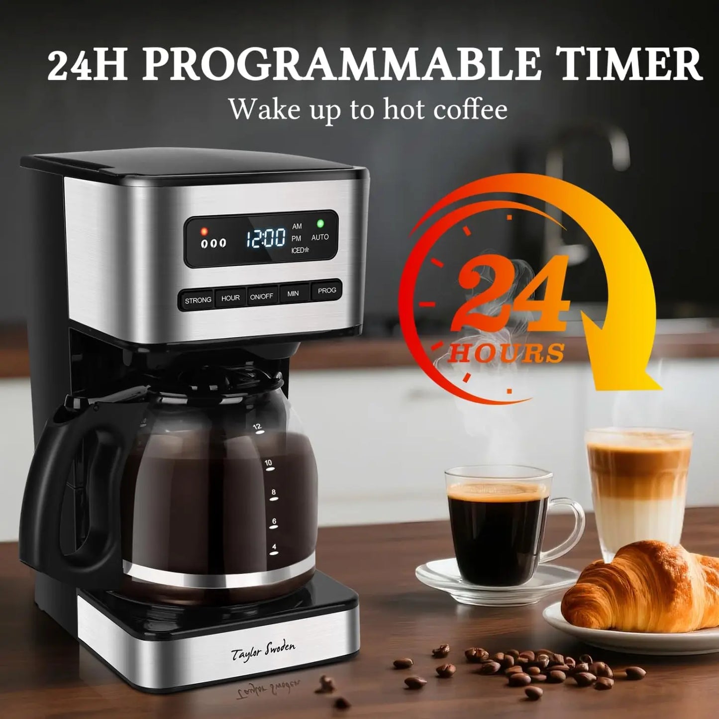 12-Cup Programmable Coffee Maker, 4 Brew Strength, LED Timer, Keep Warm & Auto Shut-off - Drip Coffee Machine for Home/Office