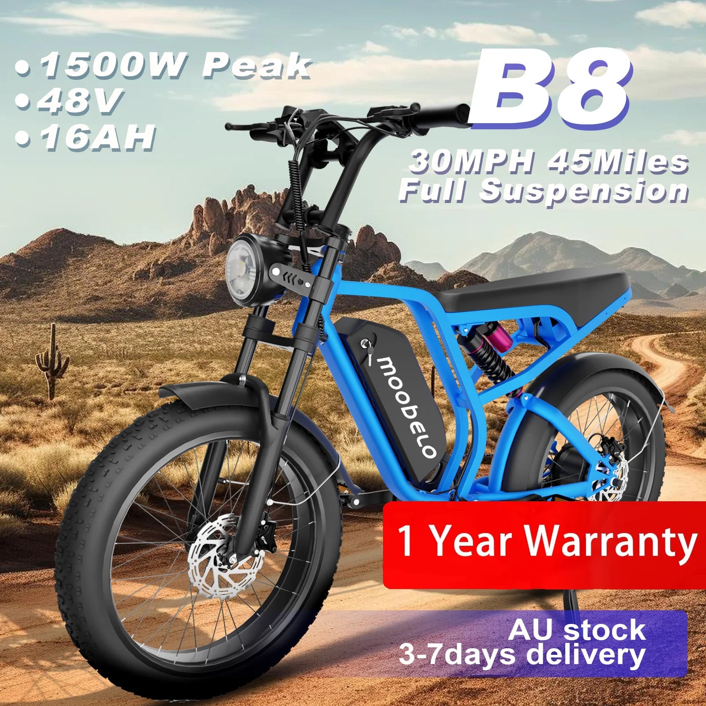 1500W Peak Electric Bike Moobelo B8 - Winter Fat Tire 48V 16AH Long Range 30MPH | Shimano 7-Speed All-Terrain E-Bike for Adults