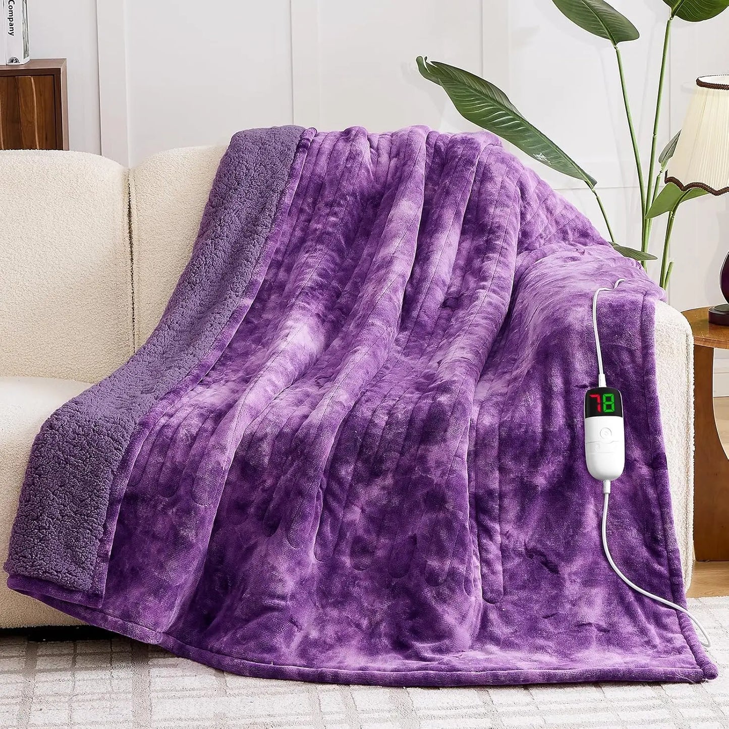 Purple Faux Fur Heated Electric Blanket with 10 Heat Levels & Timer, 50x60 Inches for Sofa Bed