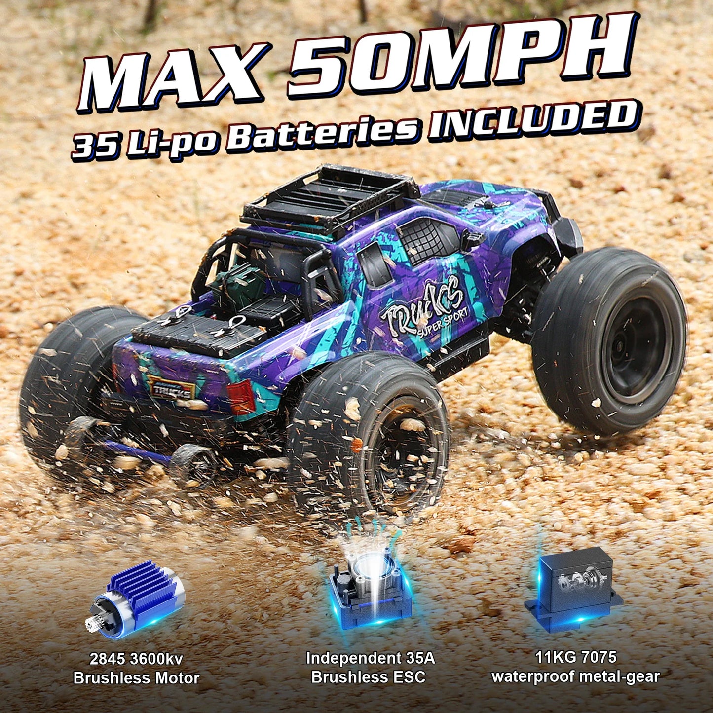 JIUSI PT14R 1/14 Brushless RC Car 4WD Remote Control Monster Truck 3S Battery 80KM/H High Speed Off-road RC Car for Aduit/Kids