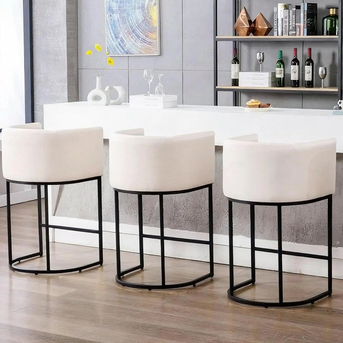 Modern Counter Height Linen Fabric Upholstered Counter Stools Set of 3, 24 Inch Kitchen Island Stool with Black, Customized