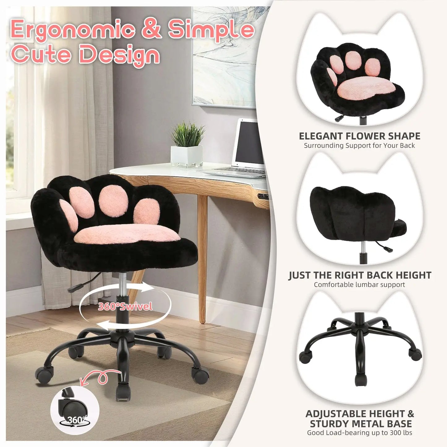 Vanity Chair with Wheels,Cute Cat Paw Office Chair with Back,360°Rotating Height Adjustable Armless Chair in Vibrant Color