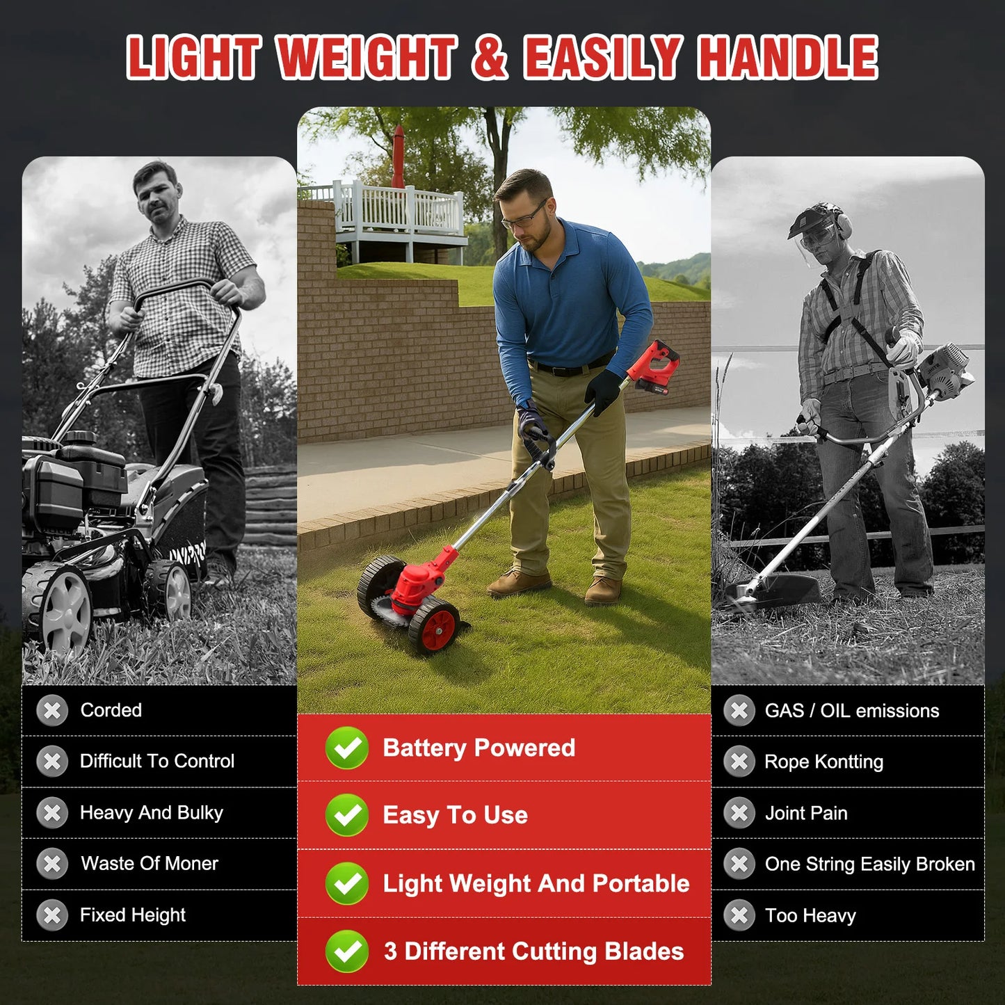 3-In-1 Cordless Grass Trimmer With Wheels Edger And Mower 21V