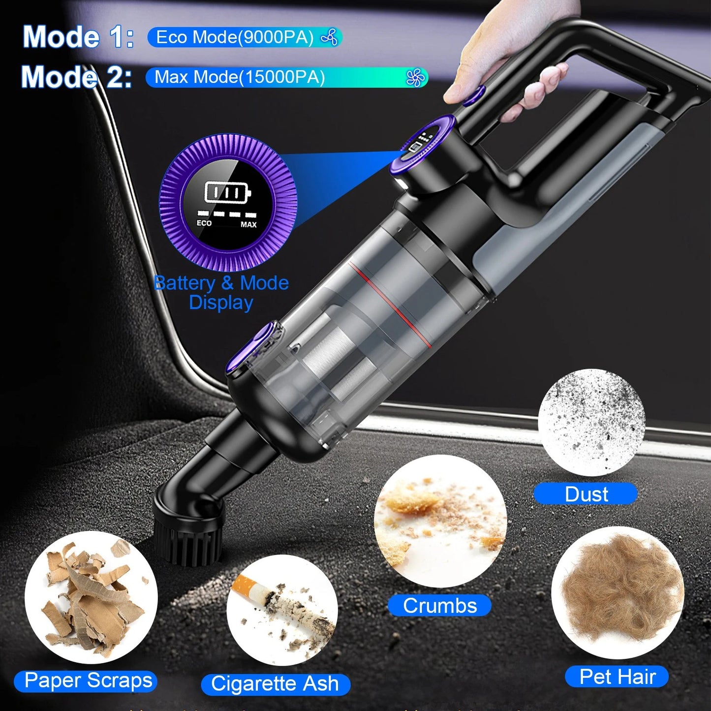 15000PA Handheld Vacuums Rechargeable LCD Display Multifunctional Low Noise High Power Cordless Car Vacuum Cleaner