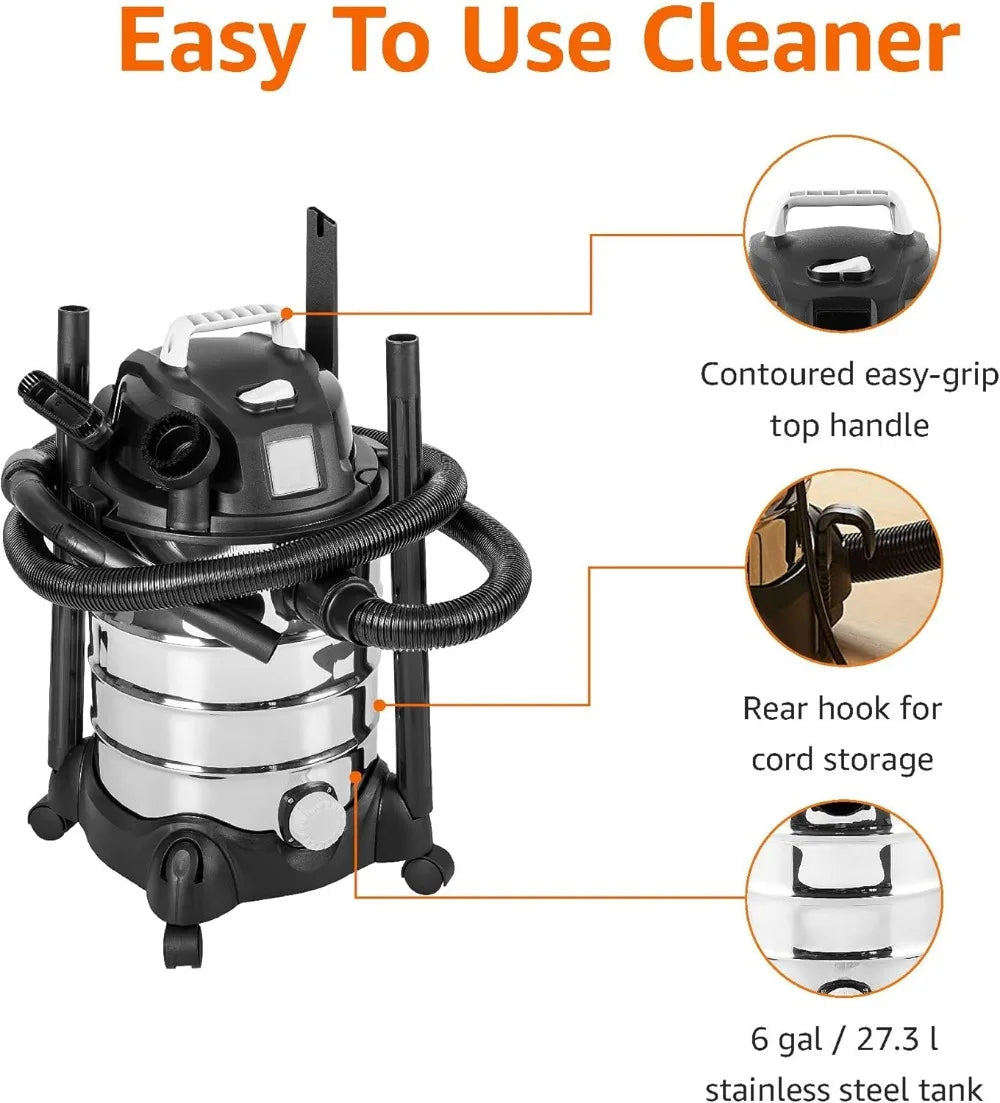 6 Gallon Wet Dry Vacuum Cleaner, 3.5 HP Stainless Steel Tank, Grey/Black for Home and Shop Use