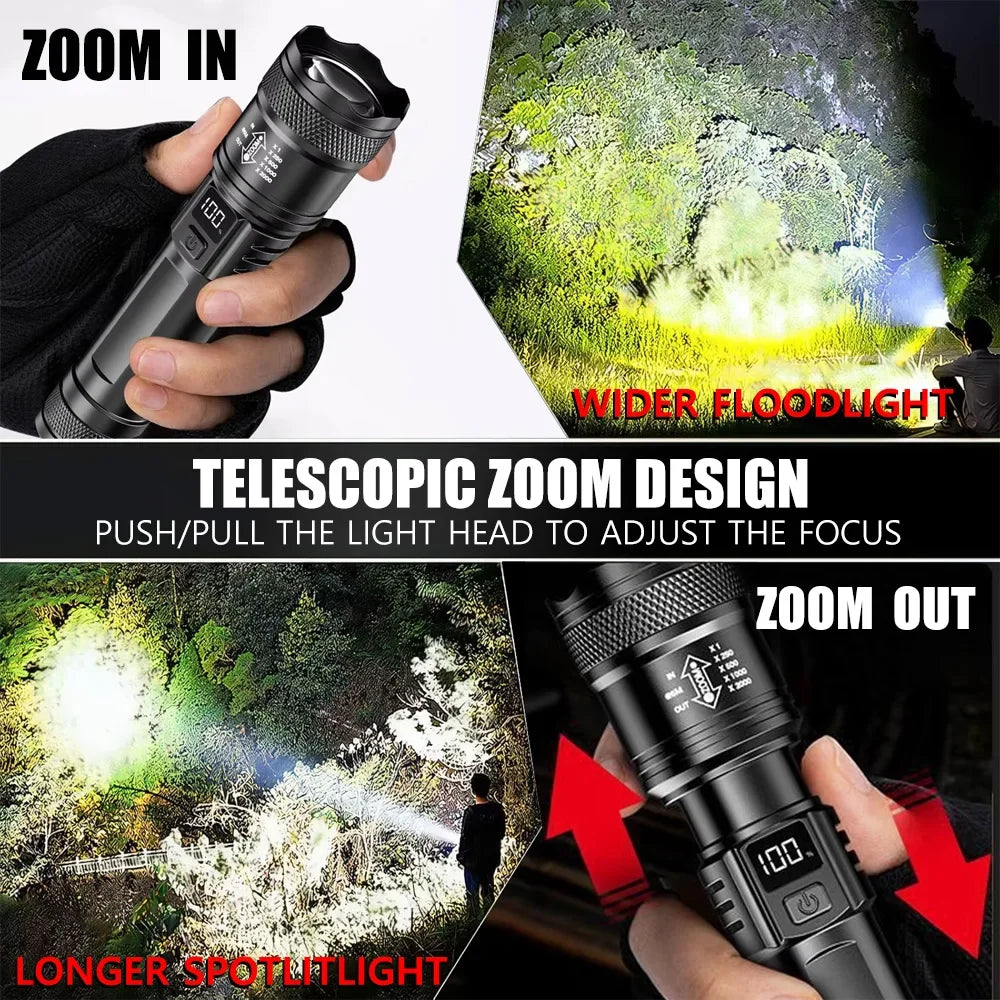 High-power Led Flashlight USB Rechargeable Torch with Display Zoomable Light with Battery Camping Hiking Lantern Emergency 2027
