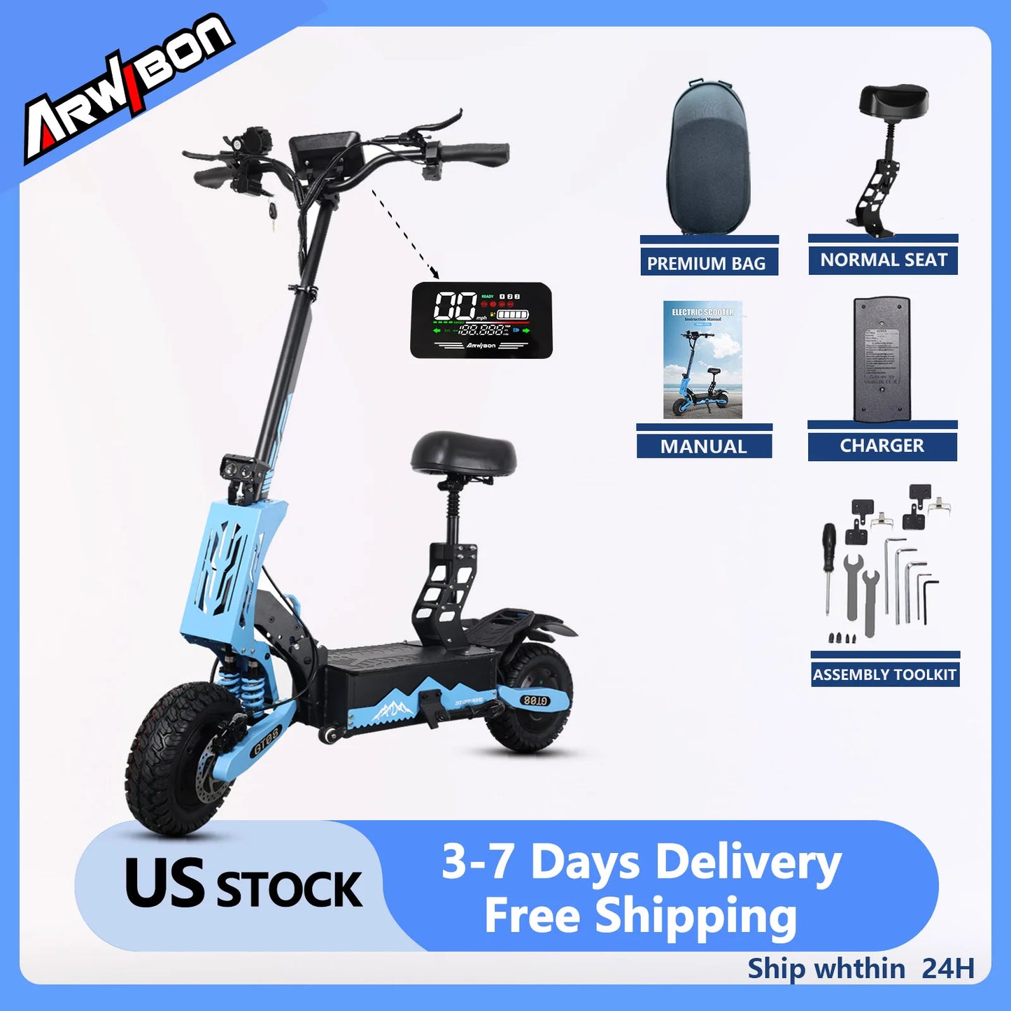 Arwibon 5600W Adult Electric Scooter Dual Motor Top Speed 46MPH,60V27AH, 11-inch Off-Road Tires Sport Folding eScooter with Seat