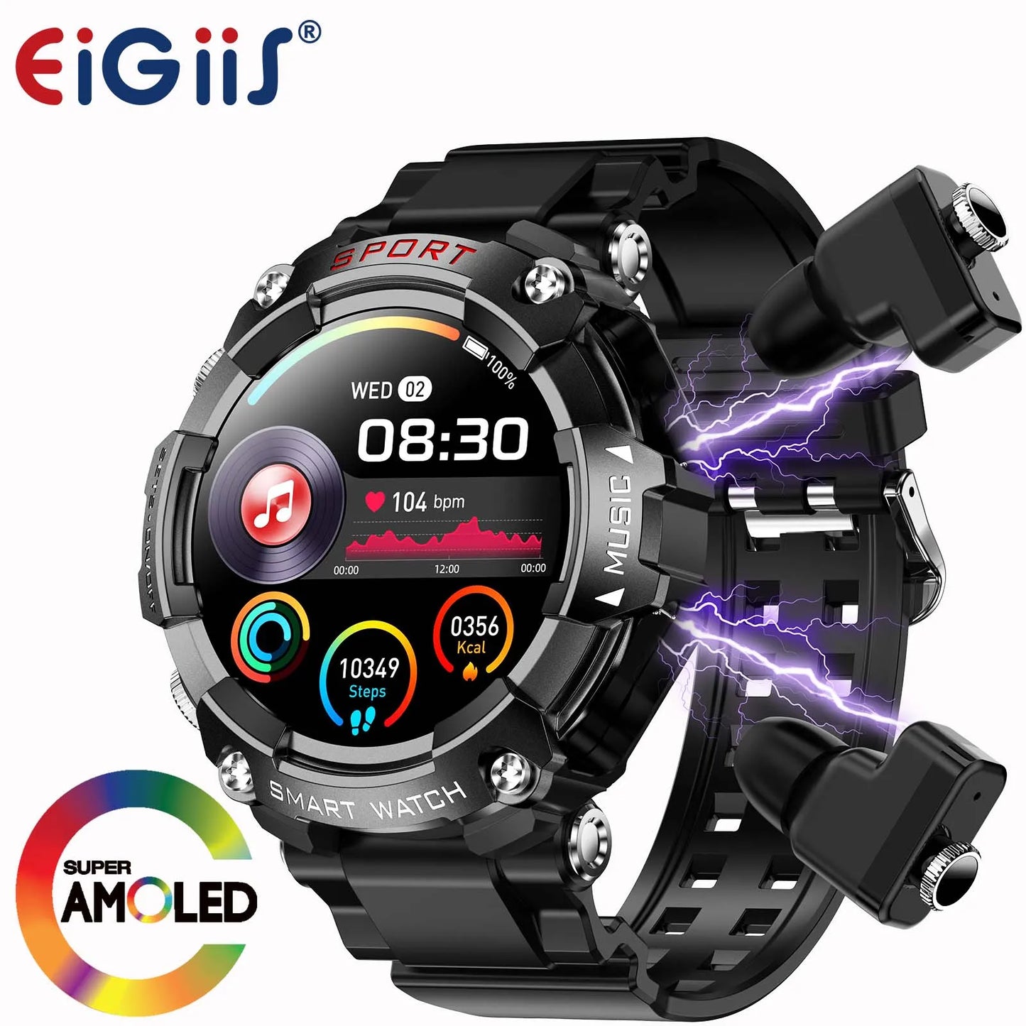 EIGIIS Smart Watch AMOLED Display With In-Ear Bluetooth Headset Heart Rate Blood Pressure Oxygen Saturation Monitoring HD Audio