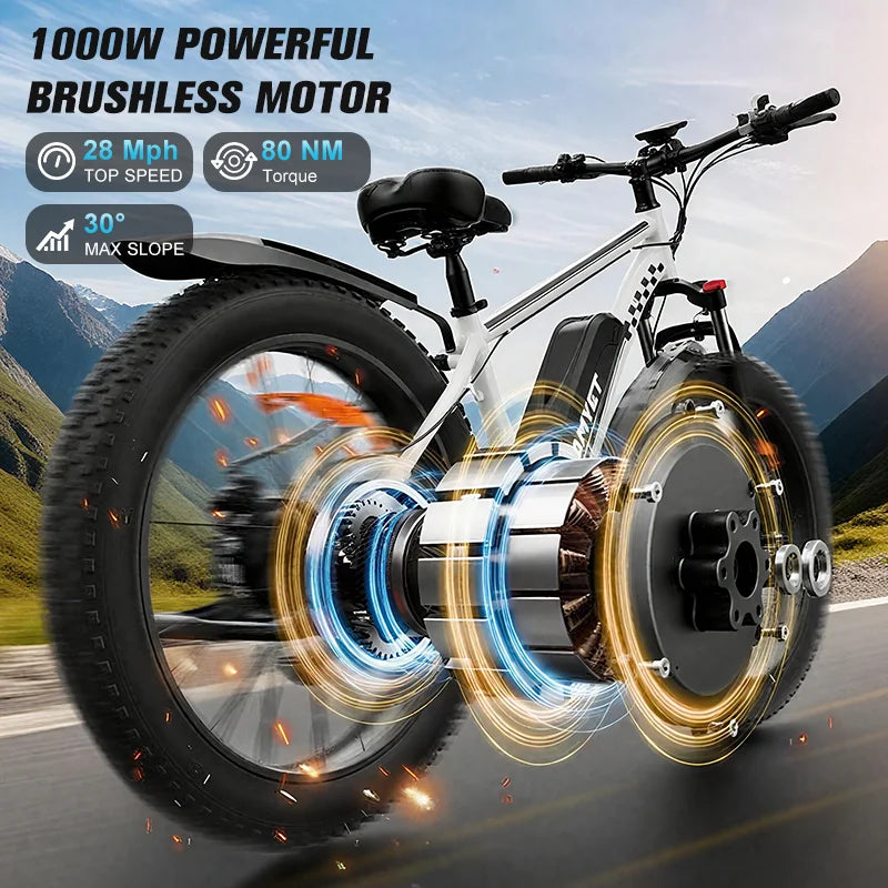 QNQ Electric Bicycle 1500W Motor 48V Lithium Battery Electric Bike Hydraulic Brake 26*4 Inch Fat Tire Snow E-bike