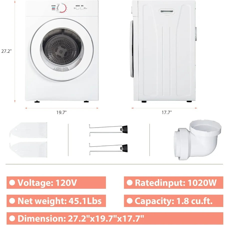 Compact Dryer 1.8 cu. ft. Portable Clothes Dryers with Exhaust Duct with Stainless Steel Liner Four Function Small Dryer Machin