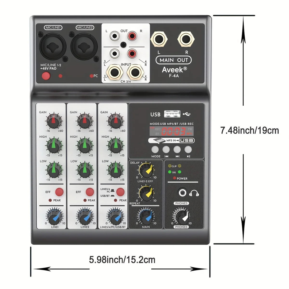 Aveek Professional Audio Mixer,Sound Board Mixing Console with 4Channel Digital USB Bluetooth Echo Delay Effect,Input 48V Stereo