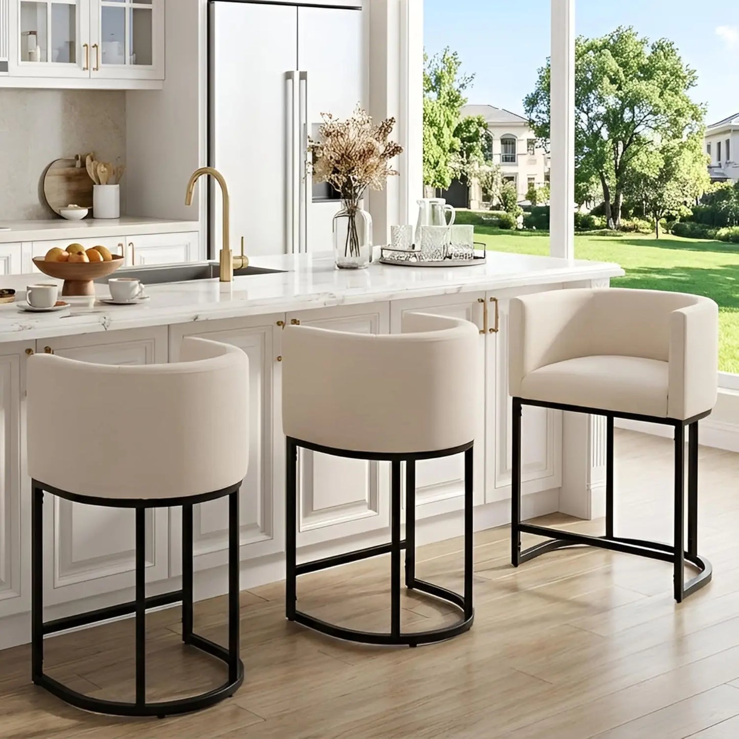 Modern Counter Height Linen Fabric Upholstered Counter Stools Set of 3, 24 Inch Kitchen Island Stool with Black, Customized