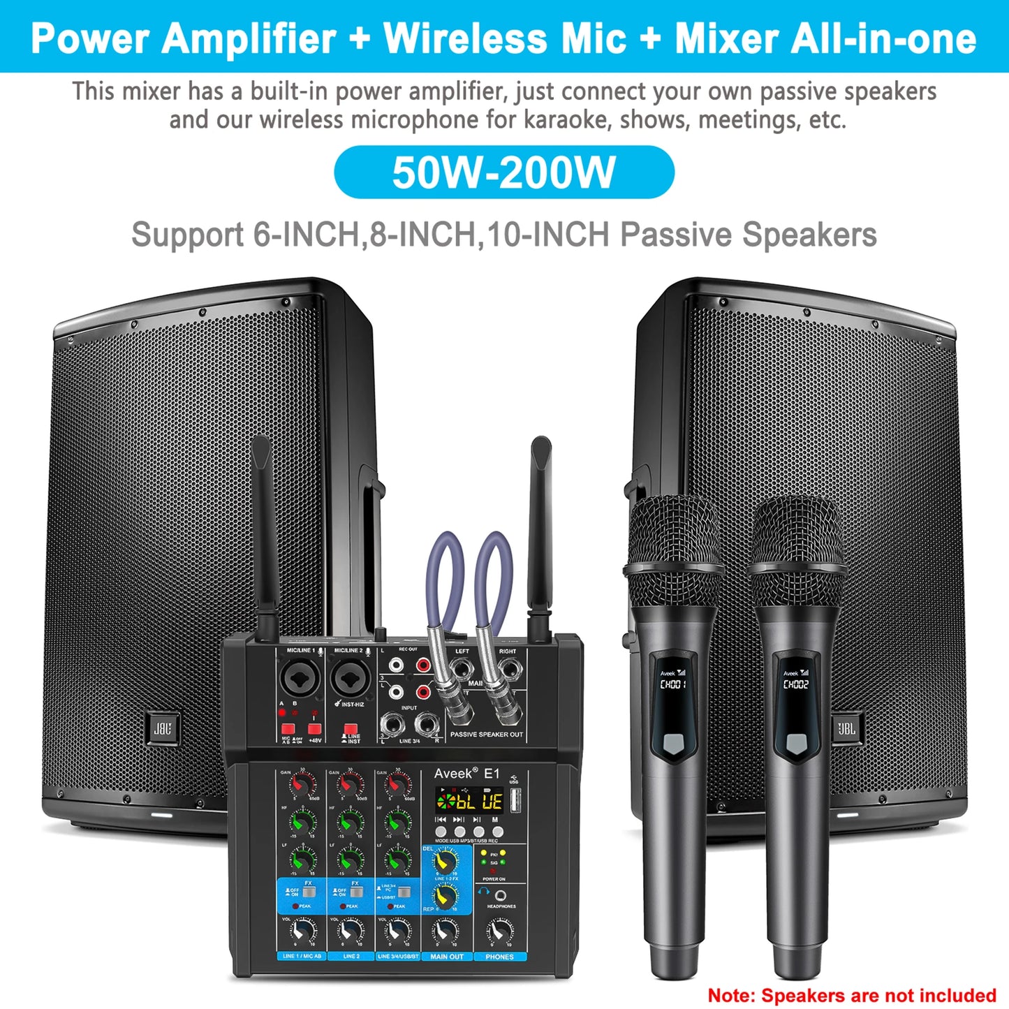 Aveek  Powered Amplifier Audio Mixer,Dual Wireless Mic Sound Board Console Digital USB BluetoothComputer DJ Mixing for Karaoke