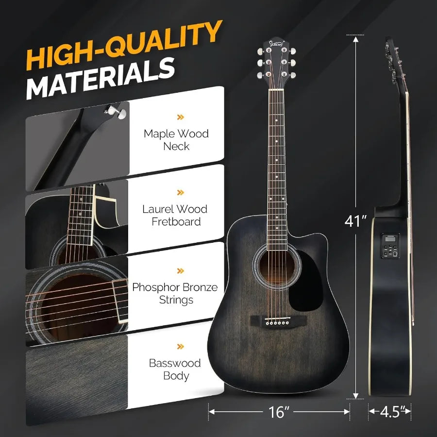 Full Size 6 Strings Acoustic Electric Guitar Beginner Kit w/ 15W Amp Cutaway 41 Inch Electric Acoustic Guitar w/Inbuilt