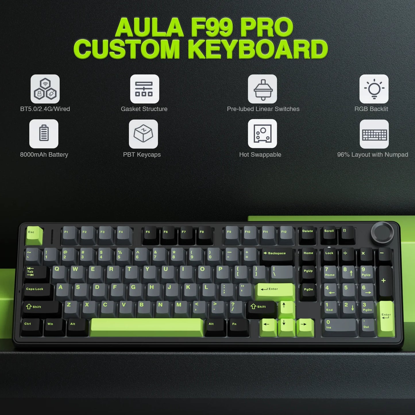 AULA F99pro Wireless Gaming Keyboard With Hot Swap Gasket Structure