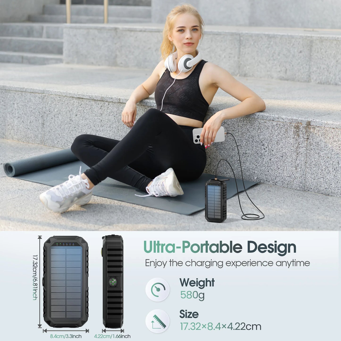 40,000mAh Solar Power Bank with Hand Crank & 4 Cables,Dual UsB/Type-C Fast Charging, Bright LED Light, Built-inCompass & Leveler