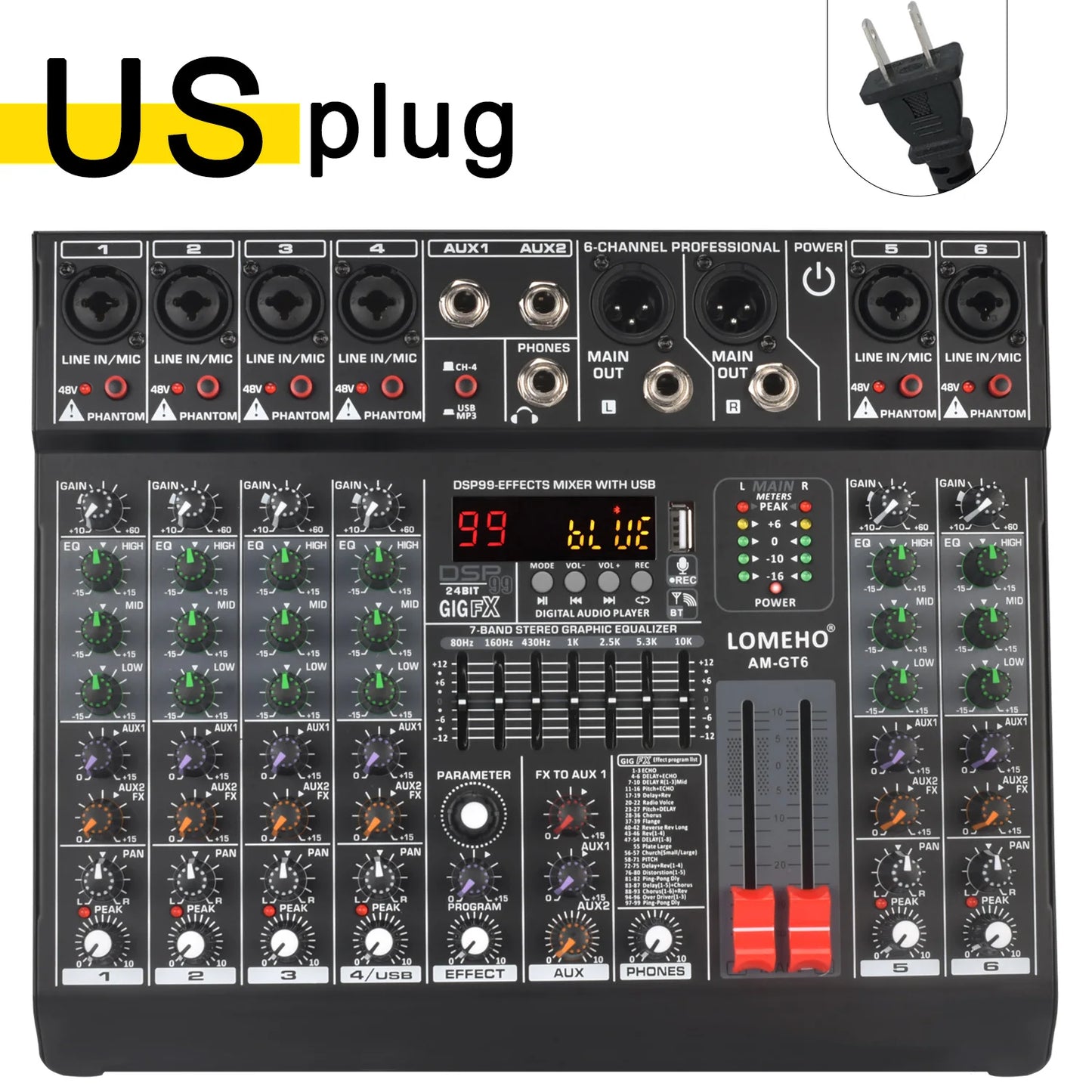 Lomeho 6 Channel Mixing Console Mono 99 Digital Effect USB Sound Card dj Mixer Bluetooth 48V 2 AUX Dj Karaoke Audio Table AM-GT6