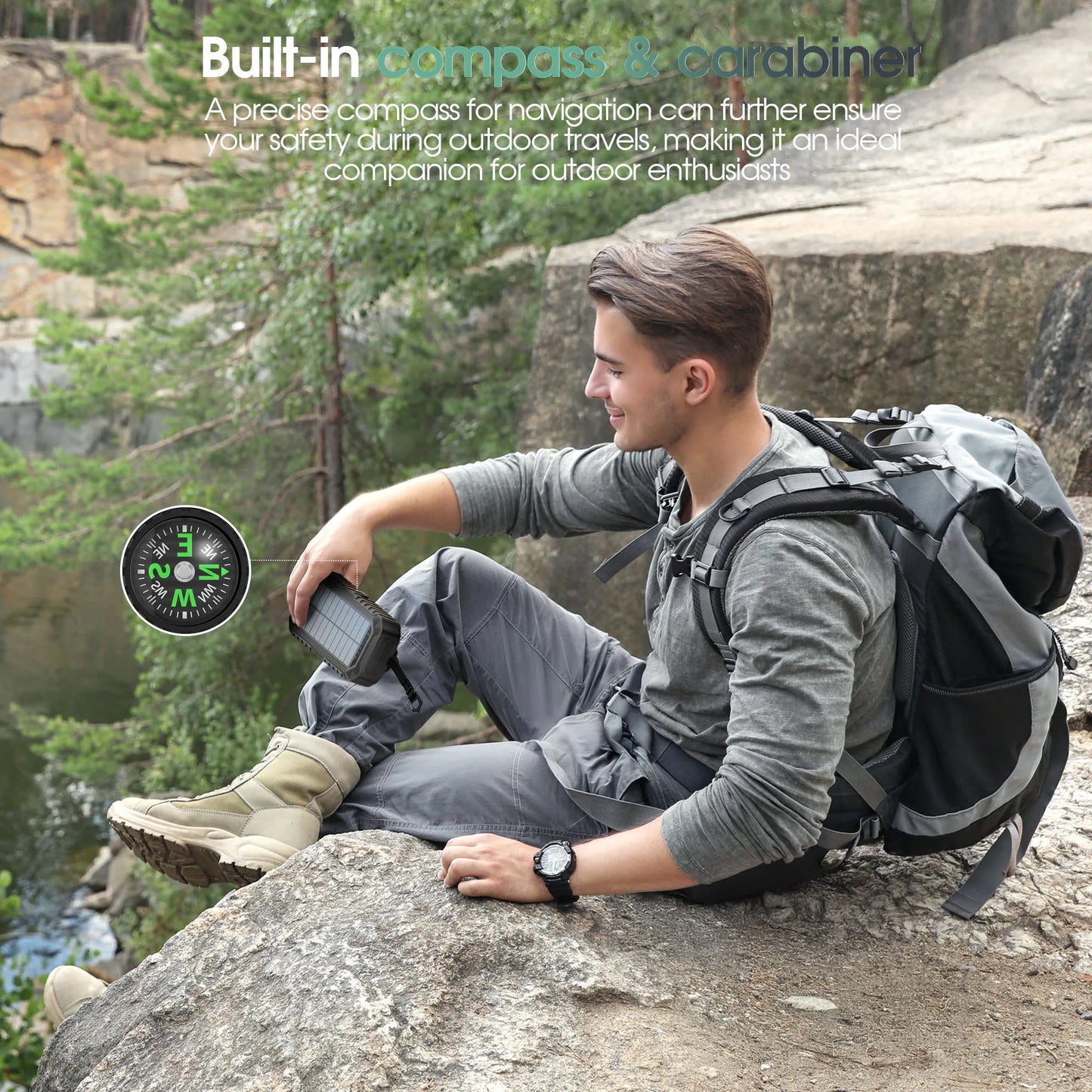 40,000mAh Solar Power Bank with Hand Crank & 4 Cables,Dual UsB/Type-C Fast Charging, Bright LED Light, Built-inCompass & Leveler