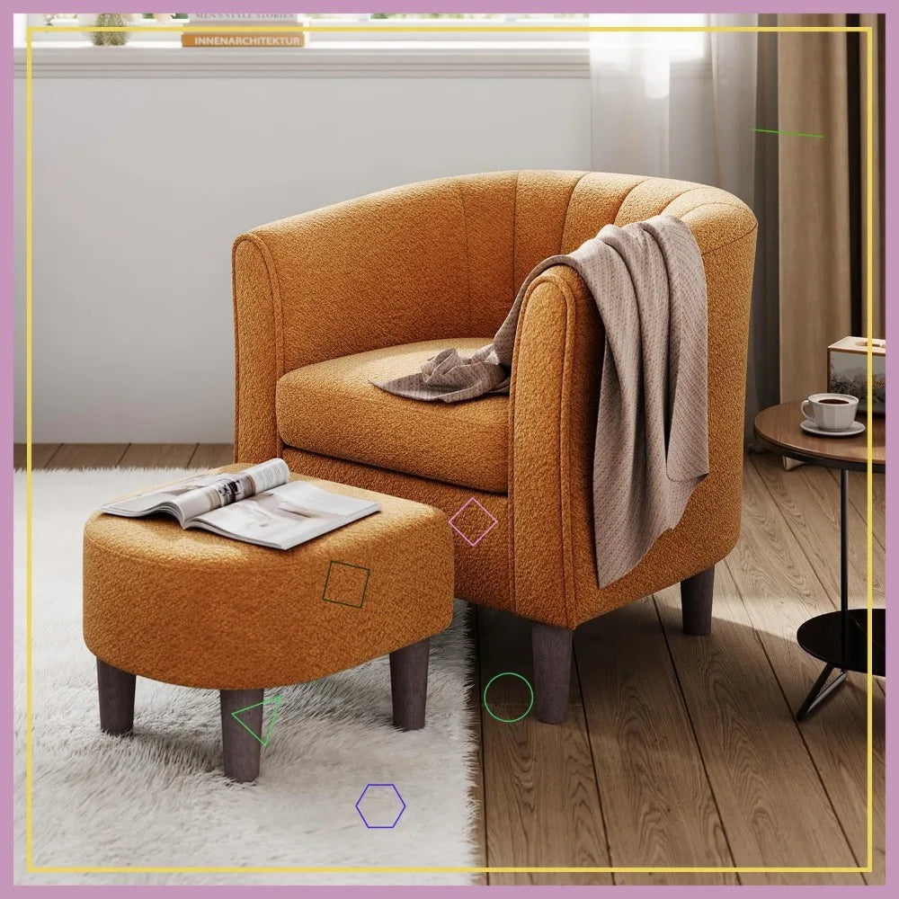 Modern Chenille Accent Chair with Ottoman, Orange Barrel Armchair for Living Room Bedroom Office
