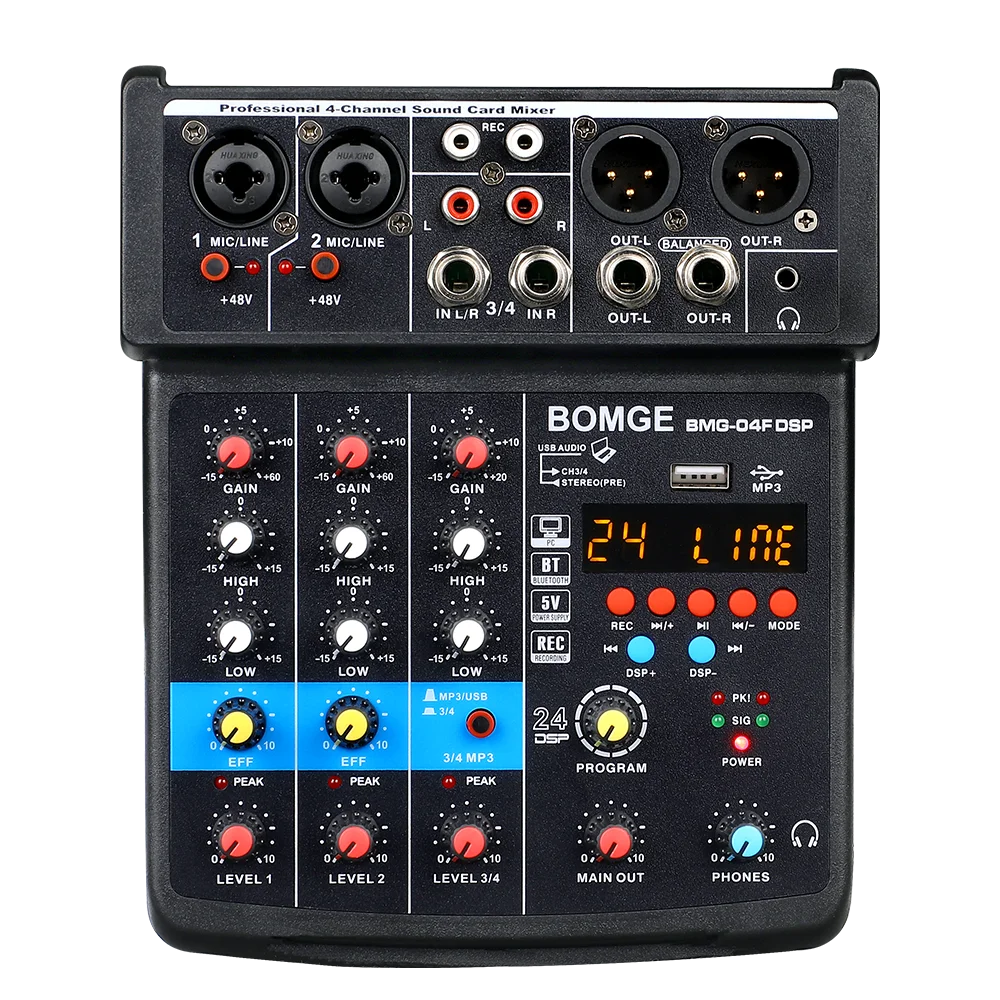 BBOMGE 4 Channel 24 DSP DJ Audio Sound Mixer Interface Mixing Console Desktop Karaoke with MP3 Input USB Bluetooth Input Stereo