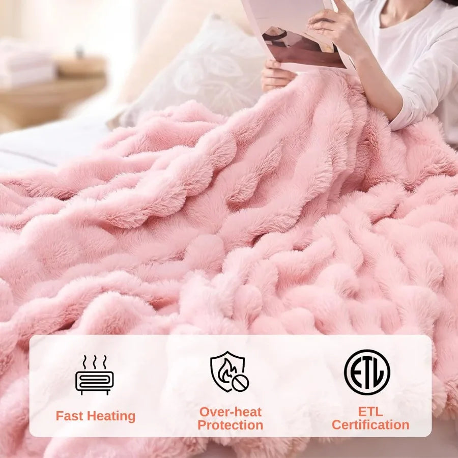 Electric Heated Blanket Throw 50"x60" Pink Ultra Soft Luxury Fluffy Faux Rabbit Fur Machine Washable 6 Heat Settings 4 Hours Au