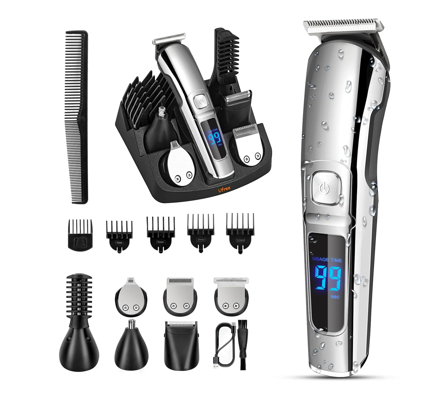 Ufree Beard Trimmer for Men, Waterproof Electric Razor for Nose, Body, Face & Mustache, Cordless Hair Clippers Shavers Grooming