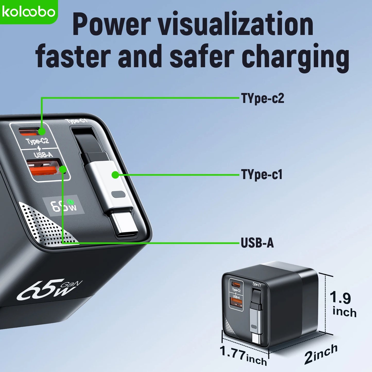 65W GaN Fast Charger Three-Port Charging Head Built-in 80cm Retractable TypeC Cable for iPhone16 15 14 13 Promax Xiaomi Samsung