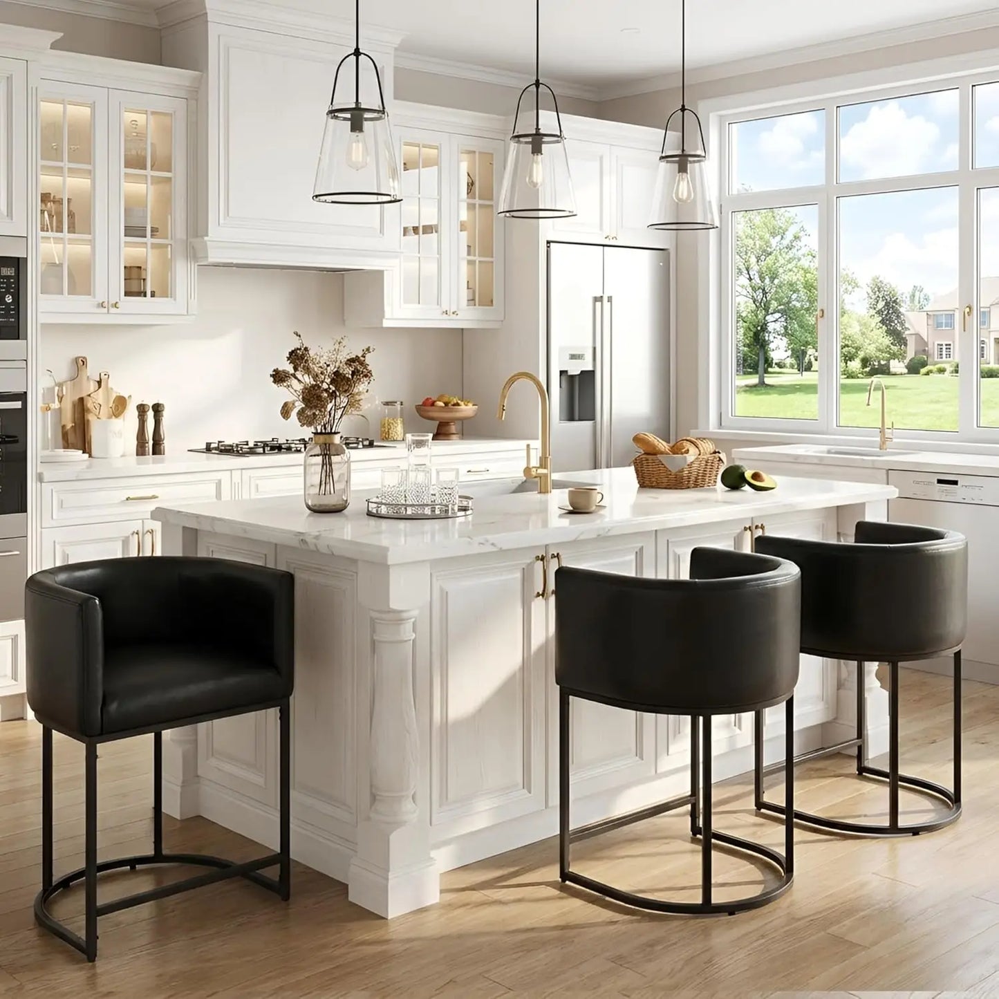 Modern Counter Height Linen Fabric Upholstered Counter Stools Set of 3, 24 Inch Kitchen Island Stool with Black, Customized