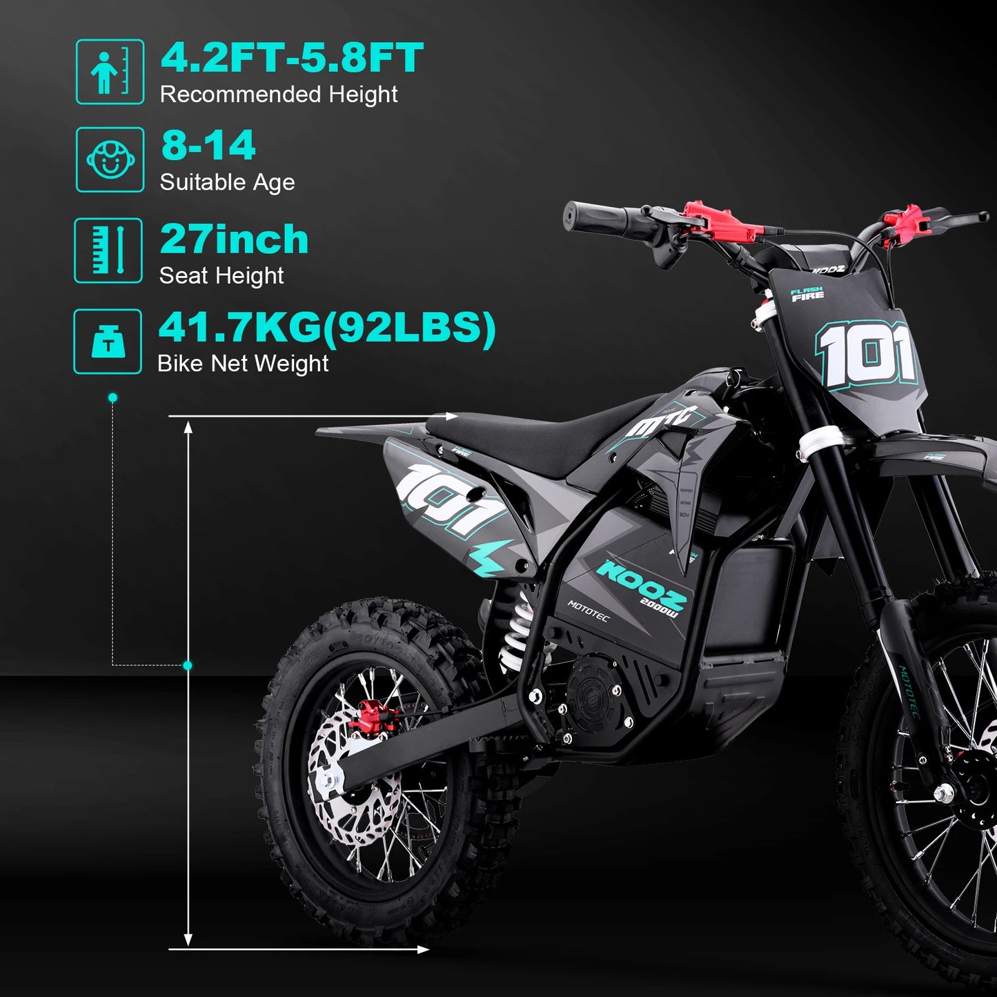 KOOZ HP115E Electric Dirt Bike 2000W Motor 60V15.AH Lithium Battery Electric Motorcycle Hydraulic Brake 14" Fat Tire Snow E-bike